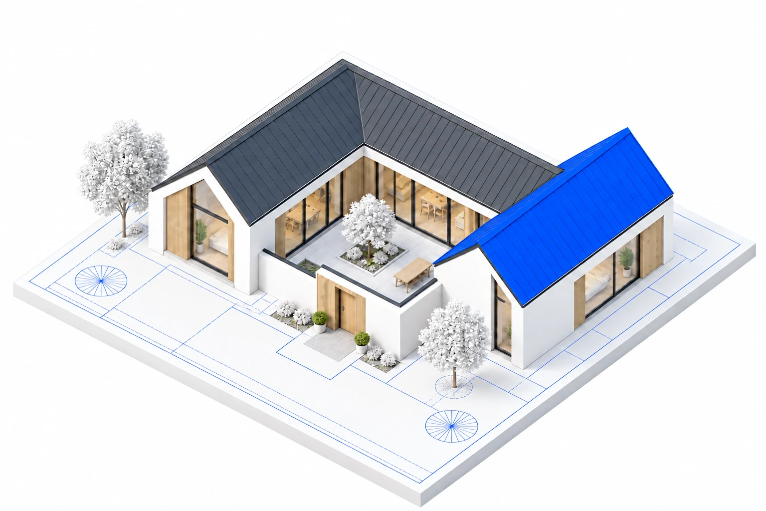 Architectural model of a courtyard house with grey and cobalt blue roofs